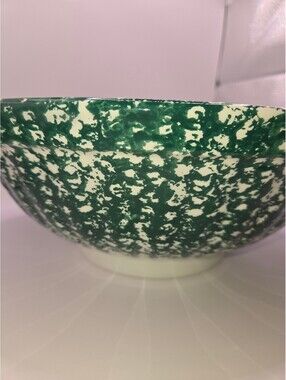 Vintage Italian Ceramic Green White Splatterware Bowl ROMA Inc NY 12" Serving